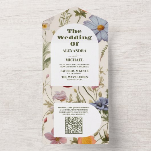 QR Code Boho Wildblume Botanische Hochzeit All In One Einladung (Innen Boden)