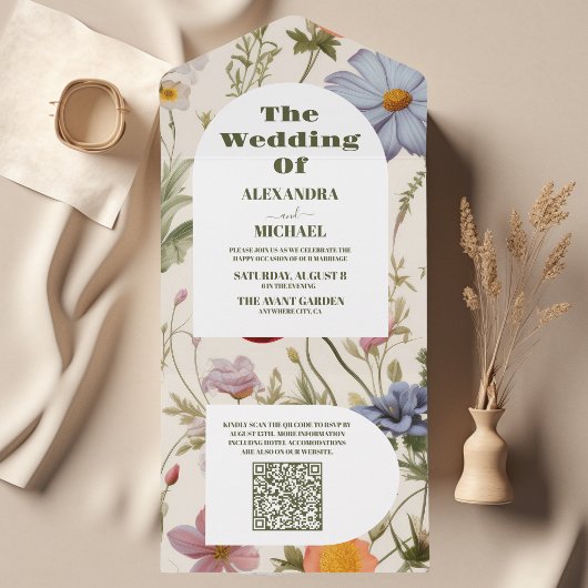 QR Code Boho Wildblume Botanische Hochzeit All In One Einladung