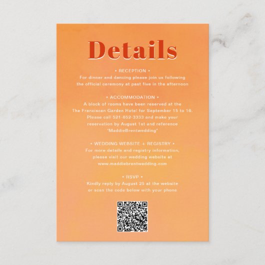 QR Code Bold Modern Orange Sunset Wedding Details Begleitkarte (Vorderseite)
