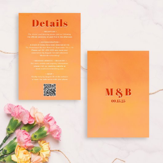 QR Code Bold Modern Orange Sunset Wedding Details Begleitkarte