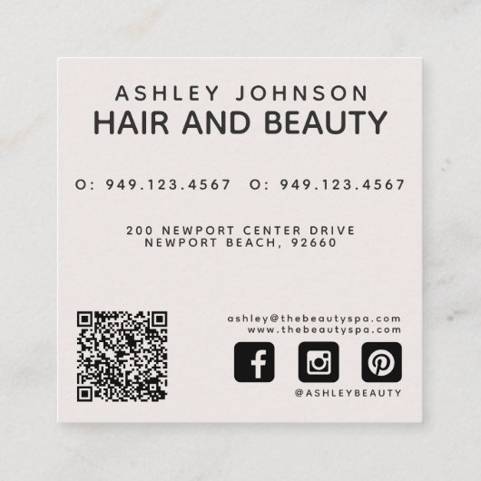 QR Code Botanical Blush Black Script Name Square Quadratische Visitenkarte (Rückseite)