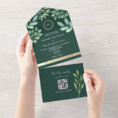 QR Code Botanical Emerald Green Wedding All In One Einladung (Abreißen)