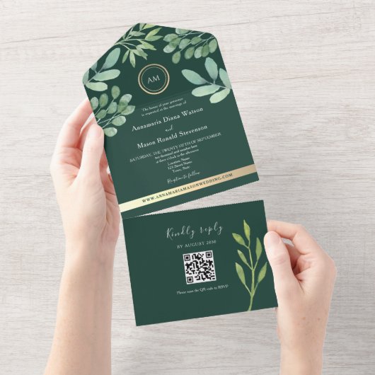 QR Code Botanical Emerald Green Wedding All In One Einladung (Abreißen)