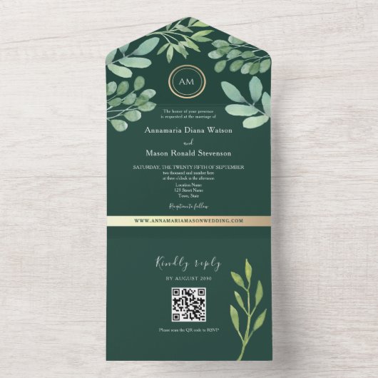 QR Code Botanical Emerald Green Wedding All In One Einladung (Innen Boden)