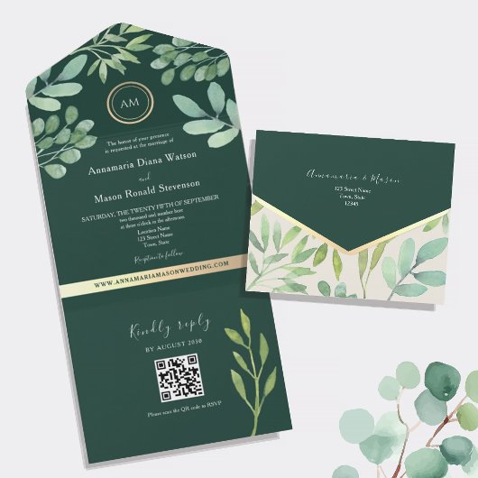 QR-Code Botanisch Smaragdgrüne Hochzeit All In One Einladung