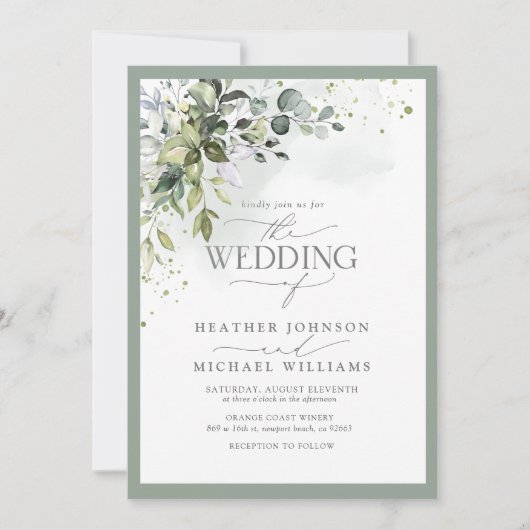 QR Code Botanische Grünpflanzen Wasserfarbe Einladung (Vorderseite)