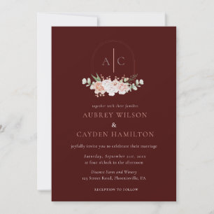 QR-Code Botanische Monogramm-Burgundy-Hochzeit Einladung