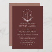 QR-Code Botanische Monogramm-Burgundy-Hochzeit Einladung (Vorne/Hinten)