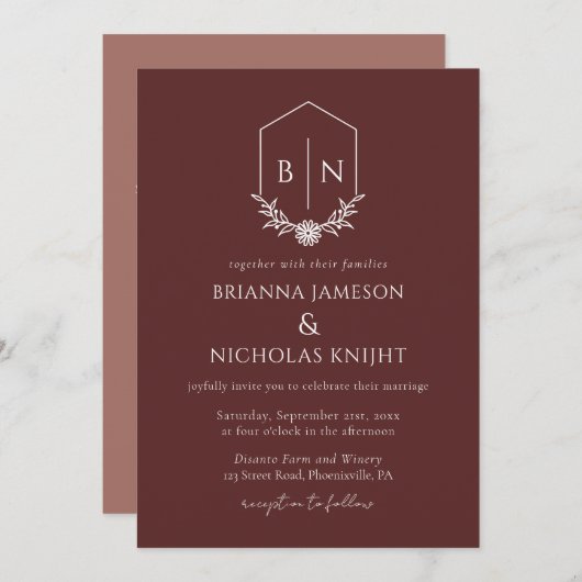 QR-Code Botanische Monogramm-Burgundy-Hochzeit Einladung (Vorne/Hinten)