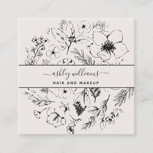 QR Code Botanischer Blush Black Script Name Square Quadratische Visitenkarte (Vorderseite)