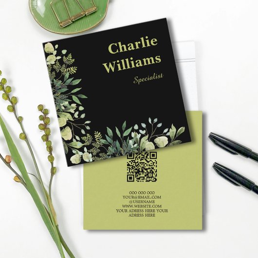 QR-Code botanischer Rahmen Blätter schwarz Quadratische Visitenkarte