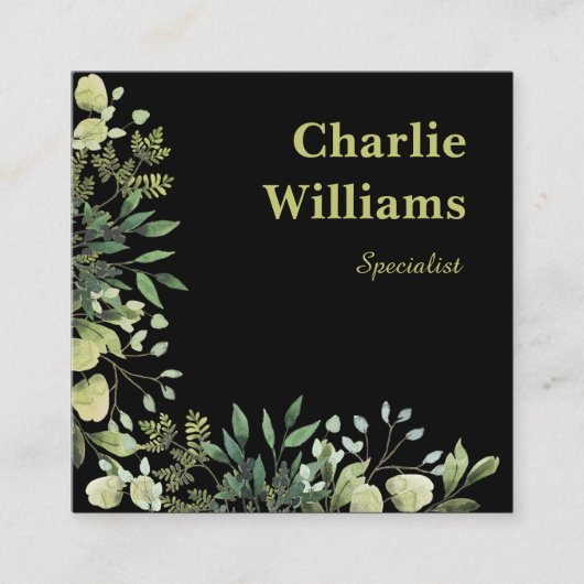 QR-Code botanischer Rahmen Blätter schwarz Quadratische Visitenkarte (Vorderseite)