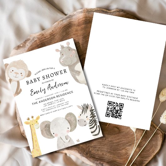 QR Code Boys Safari Animals Baby Shower Einladung