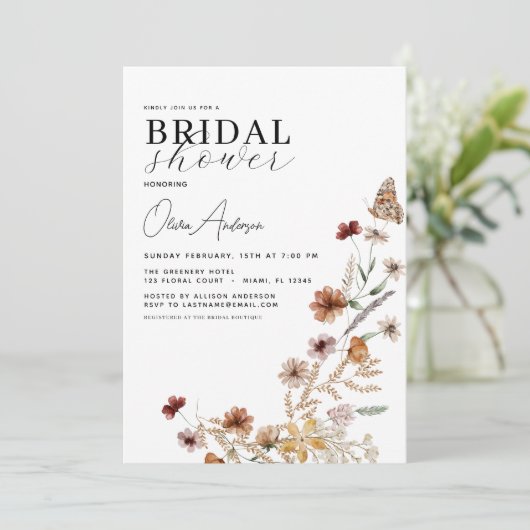 QR Code Brautparty Boho Wildblume Elegant Einladung (Stehend Vorderseite)