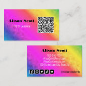 QR Code Bright Neon Modern Social Media Visitenkarte (Vorne/Hinten)