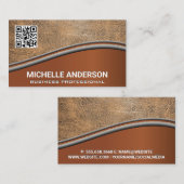 QR Code Brown Leather | Metallische Visitenkarte (Vorne/Hinten)