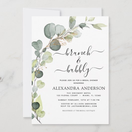 QR Code Brunch & Bubbly Brautparty Eukalyptus Einladung (Vorderseite)