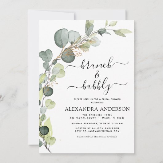 QR Code Brunch & Bubbly Brautparty Eukalyptus Einladung (Vorderseite)