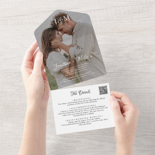 QR Code Budget Monogram Foto Overlay Hochzeit All In One Einladung (Abreißen)