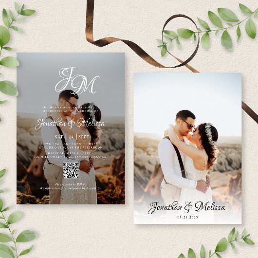 QR Code Budget Monogram Script 2 Foto Hochzeit Einladung