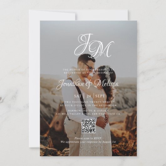 QR Code Budget Monogram Script 2 Foto Hochzeit Einladung (Vorderseite)