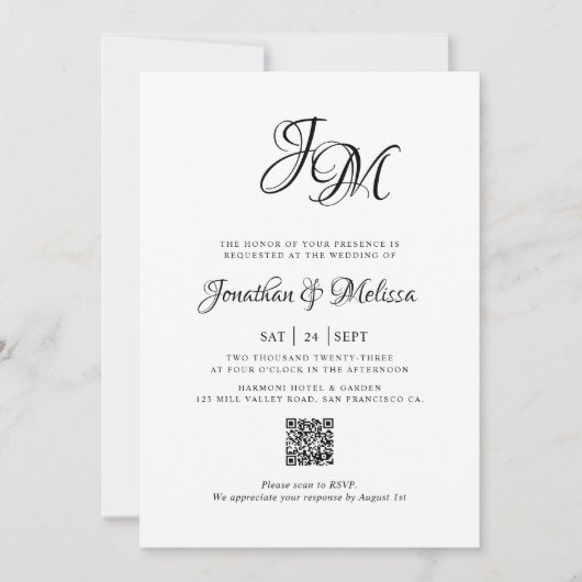 QR Code Budget Monogram Script Foto Hochzeit Einladung (Vorderseite)