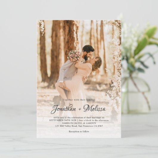 QR Code Budget Overlay 2 Foto Script Hochzeit Einladung (Stehend Vorderseite)