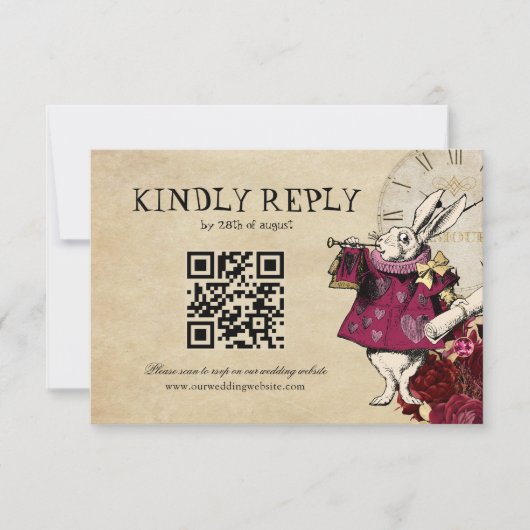 QR Code Burgundy Alice im Wunderland Wedding RSVP Karte (Vorderseite)