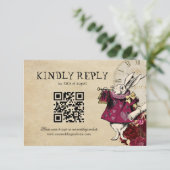 QR Code Burgundy Alice im Wunderland Wedding RSVP Karte (Stehend Vorderseite)