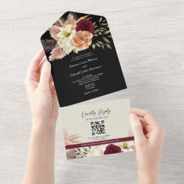 QR Code Burgundy Black Floral Wedding All In One Einladung