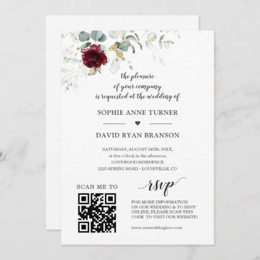 QR Code Burgundy Blumengrün GoldWedding Einladung (Vorne/Hinten)