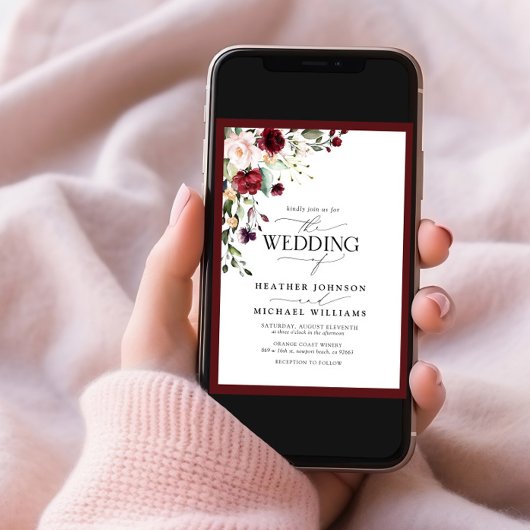 QR Code Burgundy Blush Floral Wasserfarben-Skript Einladung