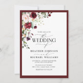 QR Code Burgundy Blush Floral Wasserfarben-Skript Einladung (Vorderseite)