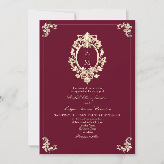 QR Code Burgundy Gold Baroque Wedding Einladung (Vorderseite)