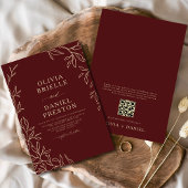 QR Code Burgundy & Gold Minimal Leaf Wedding Einladung
