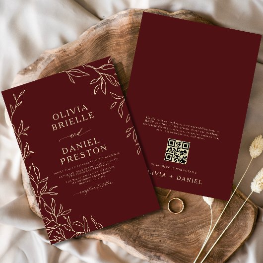 QR Code Burgundy & Gold Minimal Leaf Wedding Einladung