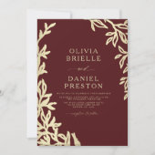 QR Code Burgundy & Gold Minimal Leaf Wedding Einladung (Vorderseite)