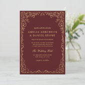 QR Code Burgundy Gold Minimale Hochzeit Einladung (Stehend Vorderseite)