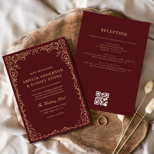 QR Code Burgundy Gold Minimale Hochzeit Einladung