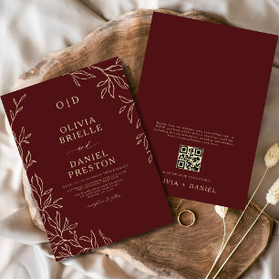QR Code Burgundy & Gold Monogram Leaf Wedding Einladung