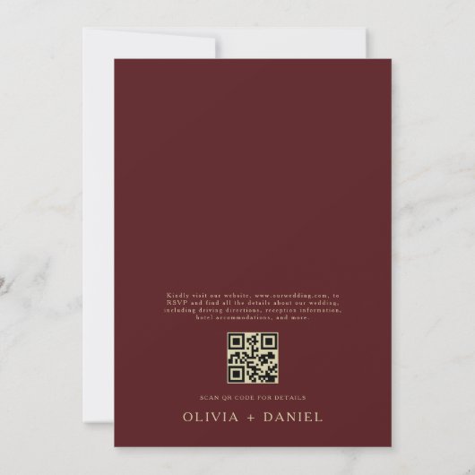 QR Code Burgundy & Gold Monogram Leaf Wedding Einladung (Rückseite)