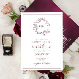 QR Code Burgundy Leafy Wappen Monogram Wedding Einladung