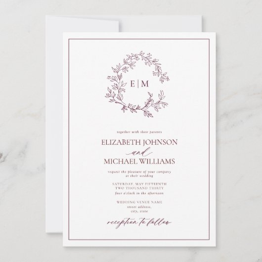 QR Code Burgundy Leafy Wappen Monogram Wedding Einladung (Vorderseite)