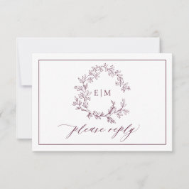 QR Code Burgundy Leafy Wappen Monogram Wedding RSVP Karte