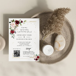 QR Code Burgundy Pink Floral Gold Wedding Einladung