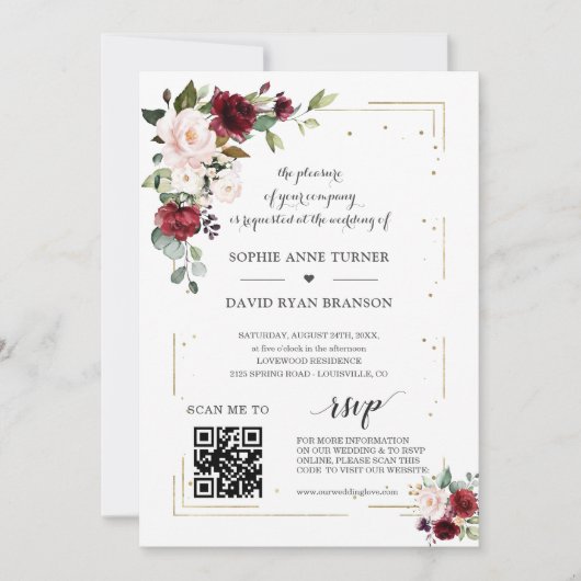 QR Code Burgundy Pink Floral Gold Wedding Einladung (Vorderseite)