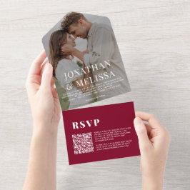 QR Code Burgundy Red Simple Overlay Foto Wedding All In One Einladung