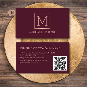 QR Code Burgundy Rose Gold Monogram Elegant Visitenkarte