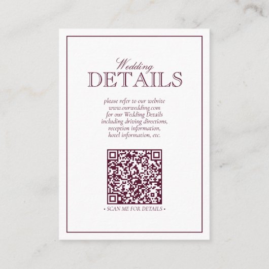 QR Code Burgundy Script Monogram Wedding Details Begleitkarte (Rückseite)