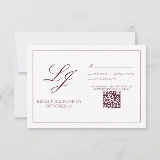 QR Code Burgundy Script Monogram Wedding RSVP Karte (Rückseite)